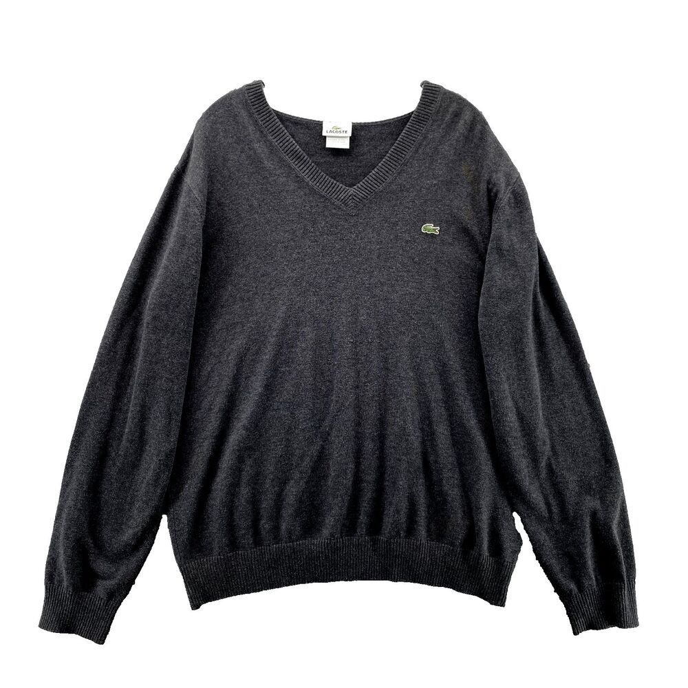 Lacoste Sweater Men's XL Dark Gray Knit V-Neck Long Sleeve Cotton Preppy Classic